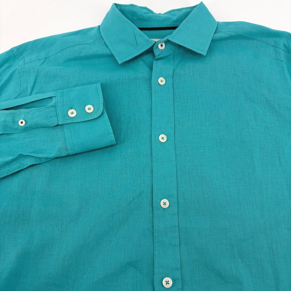 Boden Teal Linen Cotton Blend Button Down Shirt Regular Fit Womens M Long Sleeve